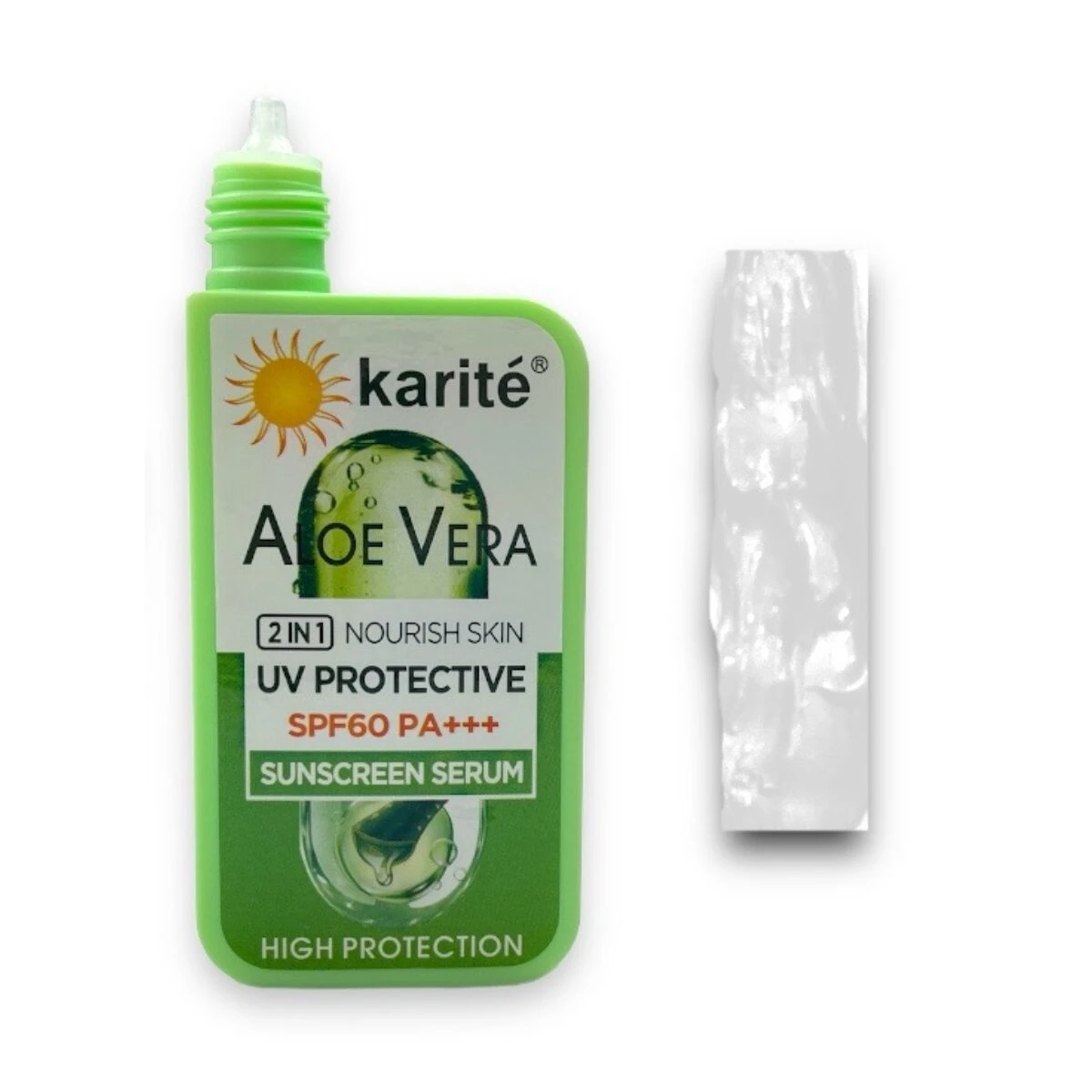 Protector solar Karité Aloe Vera SPF60 PA+++ en envase verde brillante, textura en crema, alta protección.