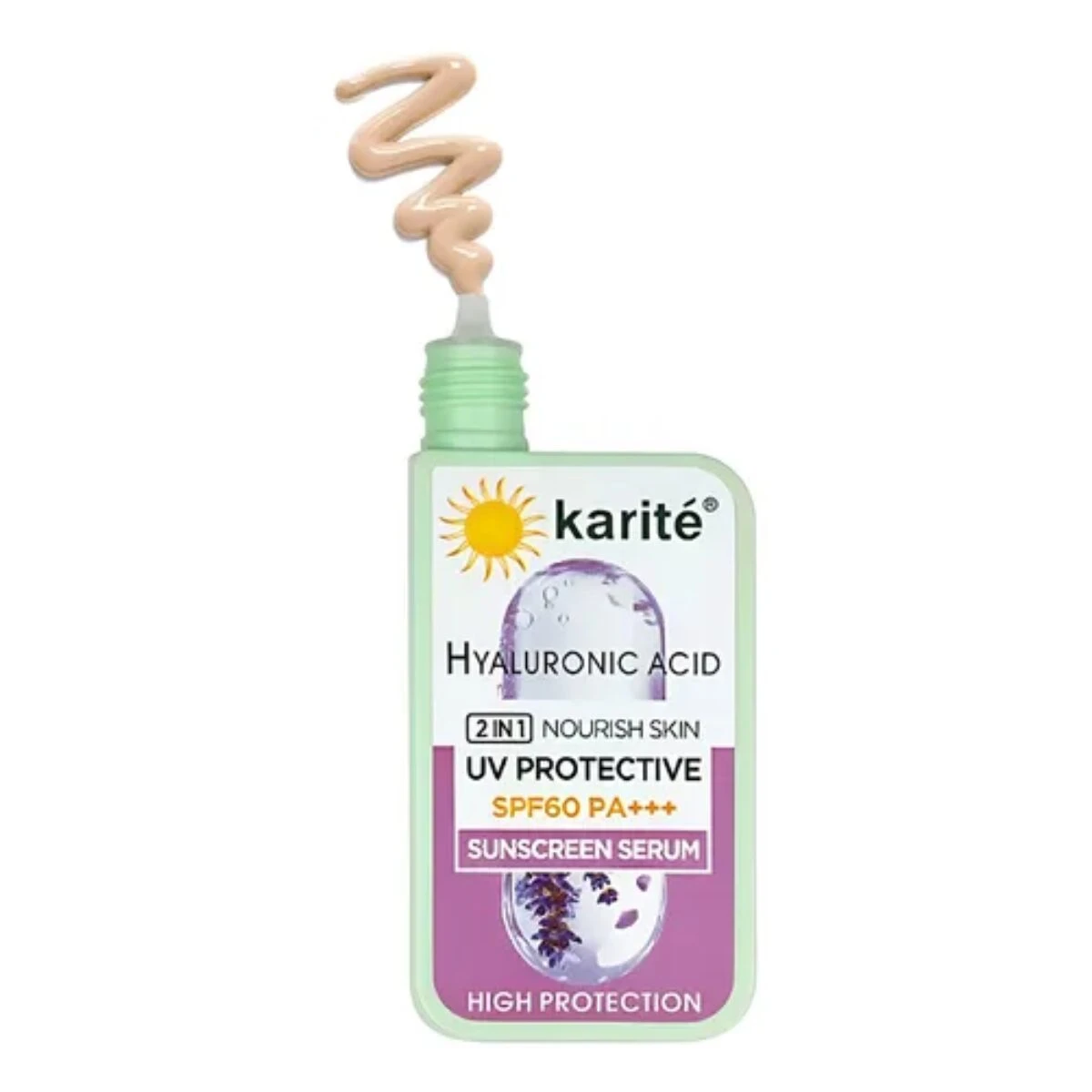 Protector solar Karité Hyaluronic Acid SPF60 PA+++, 2 en 1, textura cremosa en aplicador.