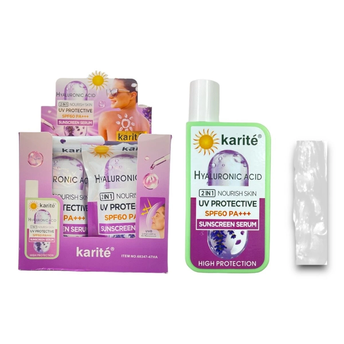 Karité Protector Solar Hyaluronic Acid SPF60 PA+++ con sérum nutritivo en envase verde y morado.