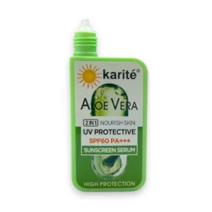 Protector solar Karité Aloe Vera FPS 60 PA+++, serum con alta protección y acabado verde.