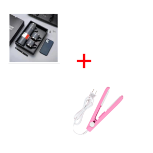 Set de termos y tazas de acero inoxidable junto a plancha alisadora rosa con cable blanco.