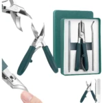 Kit corta uñas con lima y tijeras de metal y mangos verde oscuro.