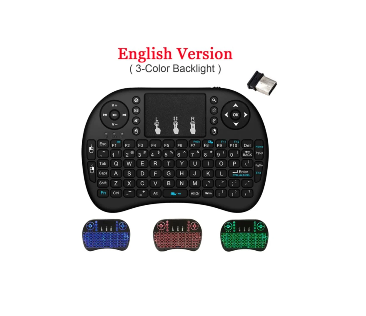 Mini teclado inalámbrico retroiluminado de 3 colores, inglés, con receptor USB.