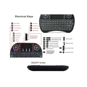 Mini teclado inalámbrico Bluetooth negro con touchpad y lista de atajos de funciones y teclas.