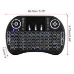 Mini teclado inalámbrico Bluetooth RGB negro con touchpad integrado y dimensiones visibles.
