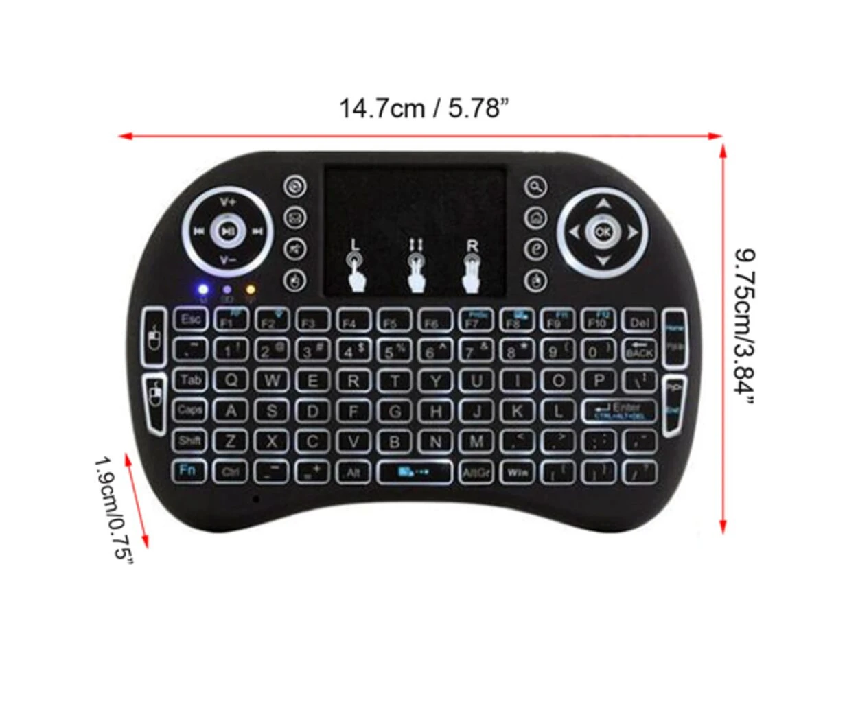 Mini teclado inalámbrico Bluetooth RGB negro con touchpad integrado y dimensiones visibles.