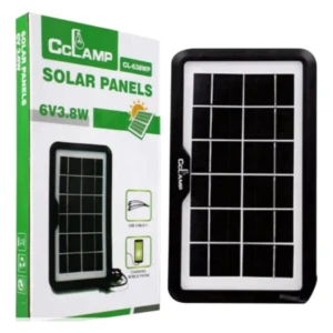 Panel solar portátil CClamp CL-638WP de 6V 3.8W en empaque, ideal para cargar móviles.