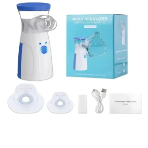 Nebulizador portátil blanco y azul, con mascarillas, cable USB y manual.