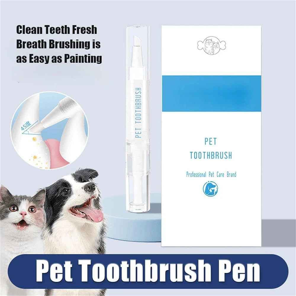 Set Cepillo Dental Pluma para mascotas con empaque blanco y azul; aplica a 45 grados en dientes de perro y gato.