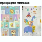 Tapete plegable doble faz: un lado con animales y letras, otro con jirafa, koala y escala de medidas en cm (0-90).