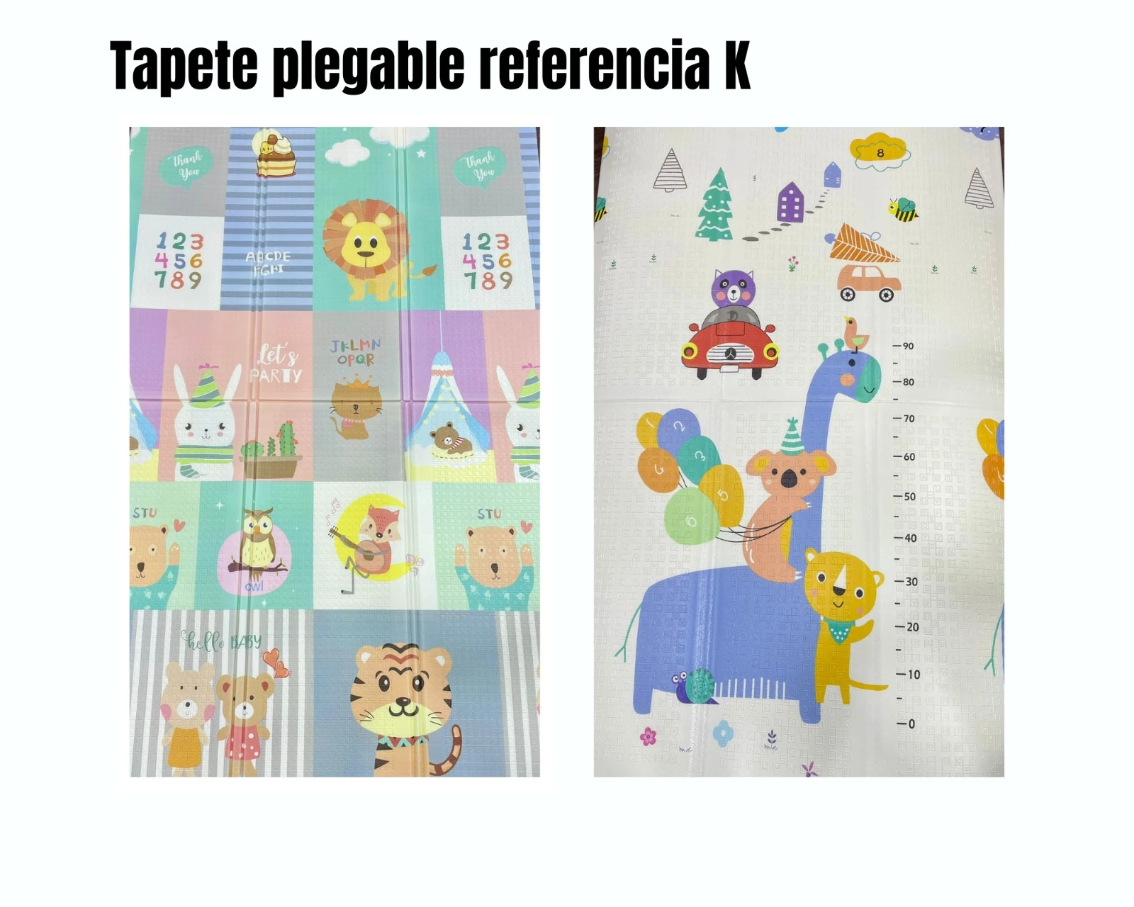 Tapete plegable doble faz: un lado con animales y letras, otro con jirafa, koala y escala de medidas en cm (0-90).