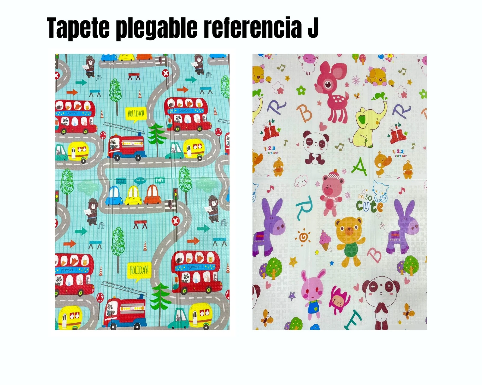 Tapete plegable para bebé doble faz: un lado temática ciudad con vehículos y otro con animales tiernos y letras.
