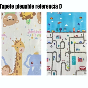 Tapete plegable doble faz: reverso de animales tiernos (jirafa, elefante) y anverso de ciudad con carretera para jugar.