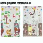 Tapete plegable doble faz A1: reverso bosque con medidor de altura y frente ciudad con animales tiernos.