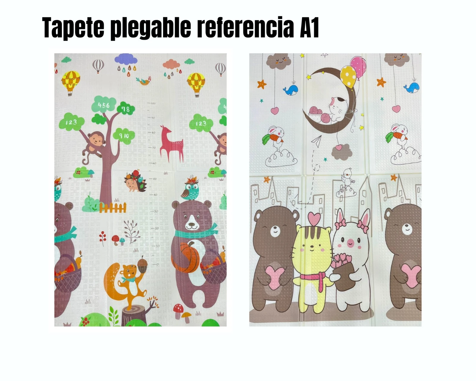 Tapete plegable doble faz A1: reverso bosque con medidor de altura y frente ciudad con animales tiernos.