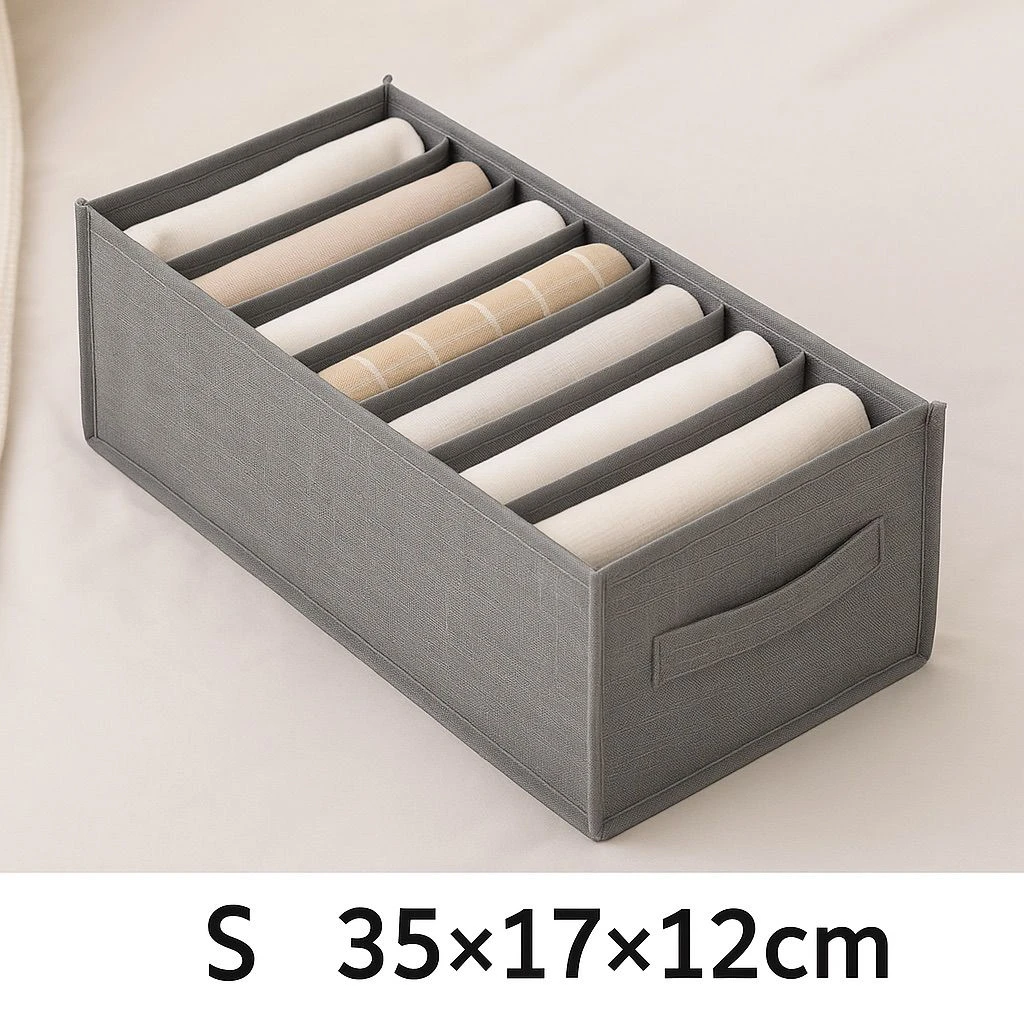 Organizador de ropa interior gris con 7 compartimentos, ideal para cajones y armarios.
