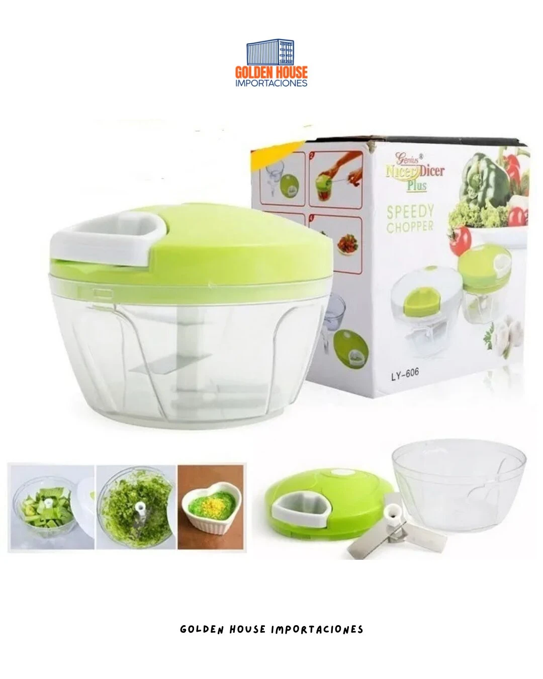 Picador manual de verduras verde y transparente, incluye cuchillas, con caja y varias imágenes de uso y resultado.
