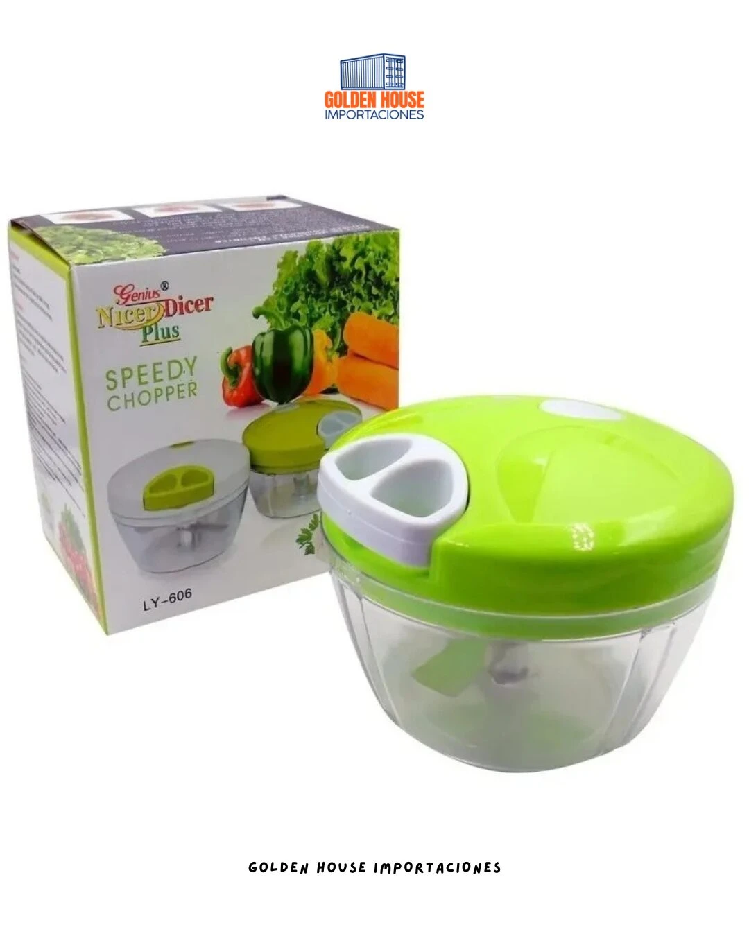 Picador de verduras manual verde y transparente, modelo Nicer Dicer Plus Speedy Chopper, para uso en cocina.