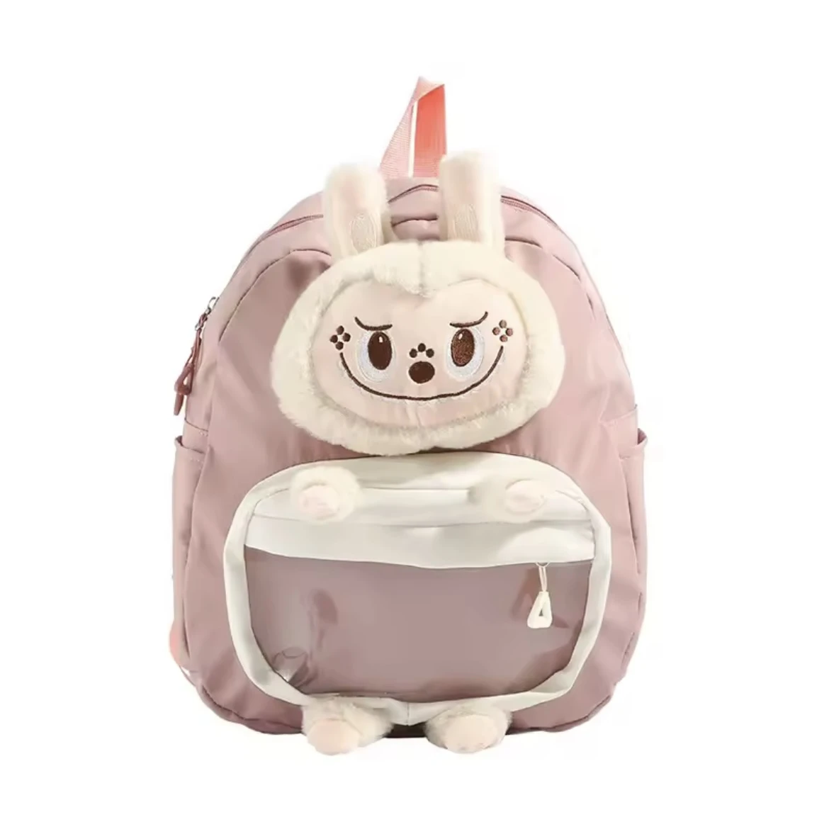 Morral escolar rosa malva con aplique frontal de personaje de conejo blanco afelpado y bolsillo frontal transparente.