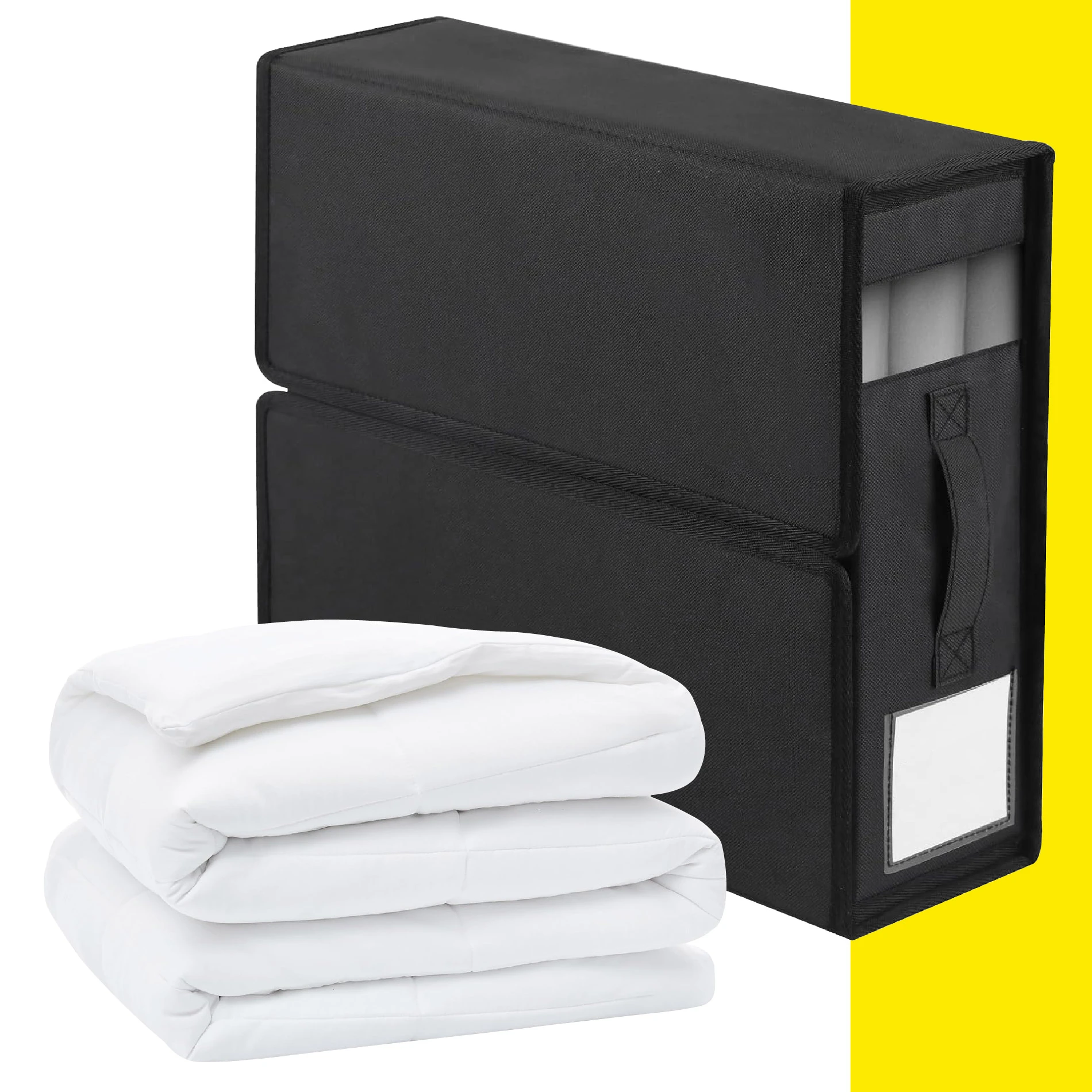 Caja organizadora negra con asa para ropa de cama, muestra 3 sábanas blancas dobladas.