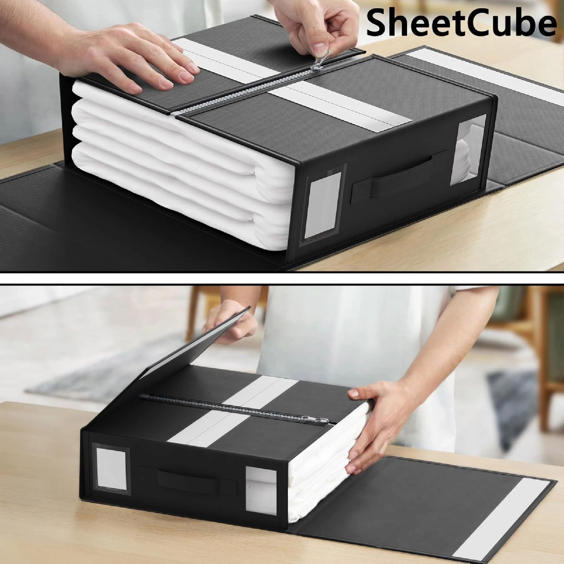 Caja organizadora negra para ropa de cama, con cremallera y asas, mostrando sábanas blancas dobladas.