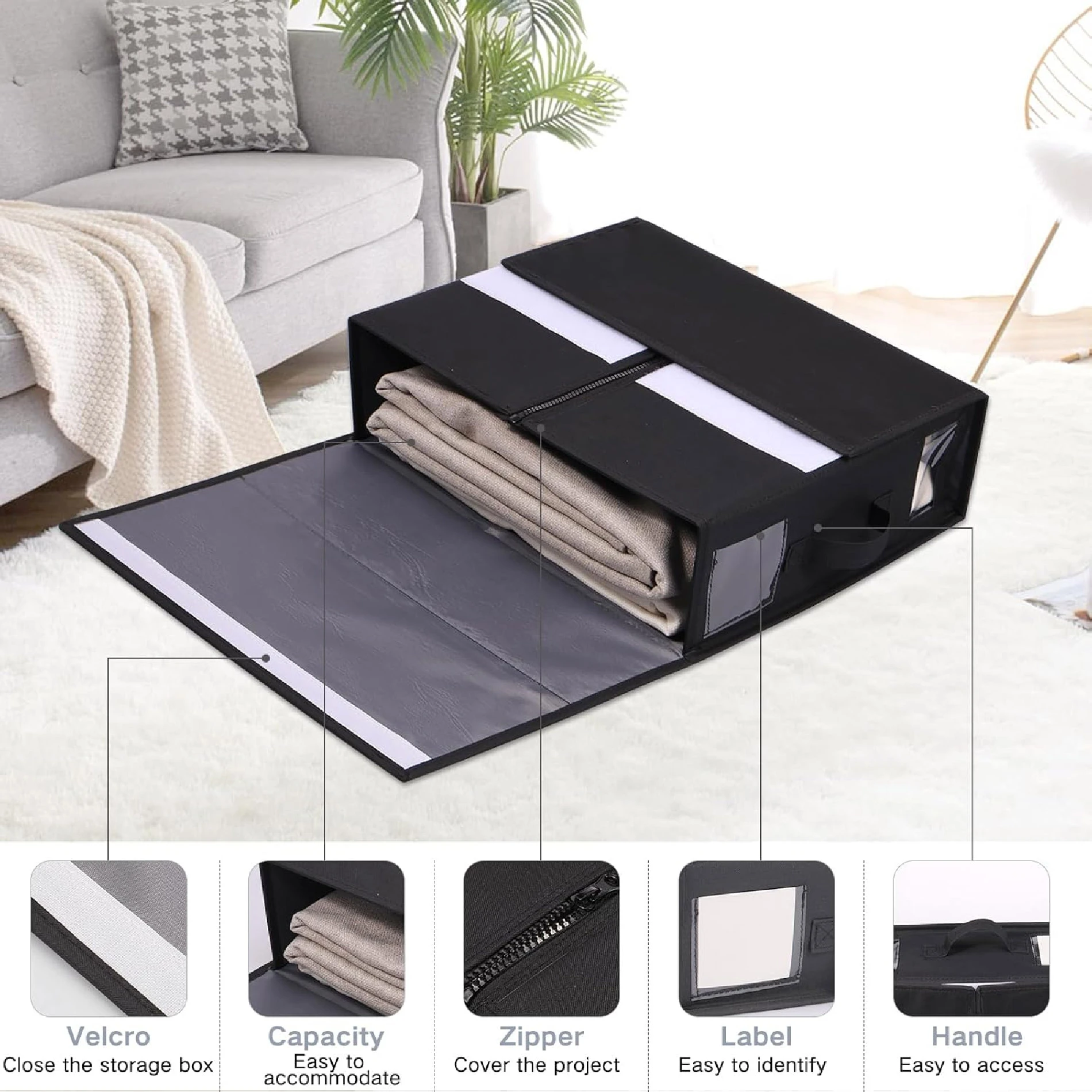 Caja organizadora de tela negra para ropa de cama con cremallera y ventana transparente.