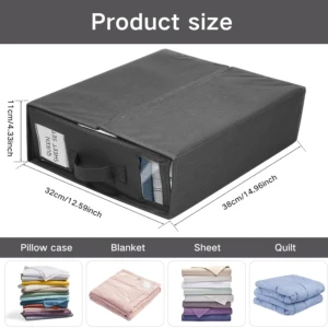 Caja organizadora de tela gris para ropa de cama, con medidas de 38x32x11 cm, ideal para sábanas.