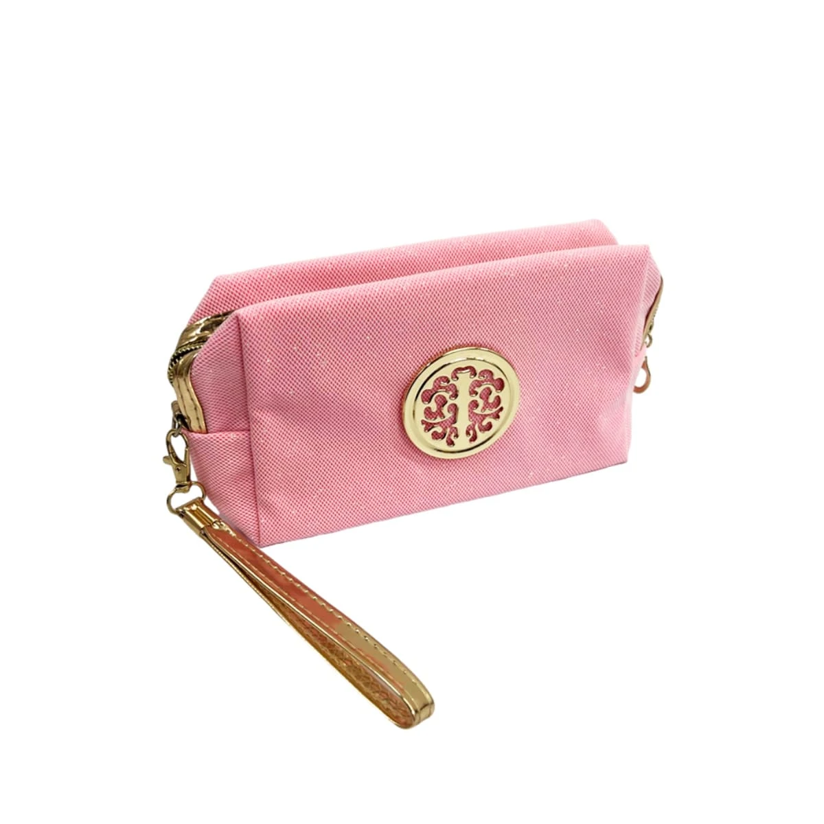 Cosmetiquera rosa escarchada con detalle dorado y pulso, ideal para maquillaje.