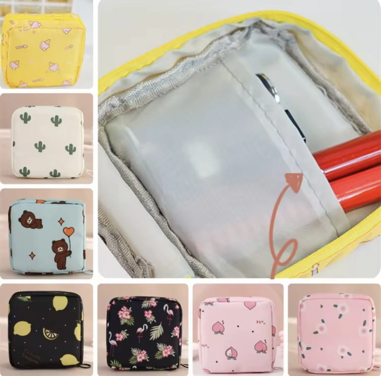 Cosmetiquera cubo amarilla con estampado de nubes rosadas, interior con divisiones.