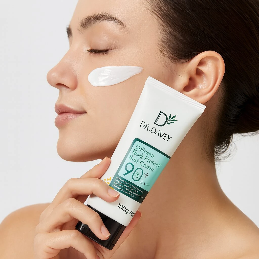 Mujer aplica crema protector solar facial Dr. Davey Collesen Herk Protect FPS 90+ en su mejilla, sosteniendo el tubo blanco de 100g.