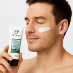 Hombre aplica crema solar Dr. Davey Colágeno FPS 90, textura blanca, en su mejilla, sosteniendo el tubo de 100g.