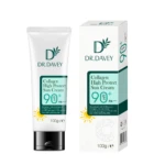 Protector solar Dr. Davey Colágeno, envase blanco y caja blanca con detalles verdes, SPF 90 PA+++, 100g.