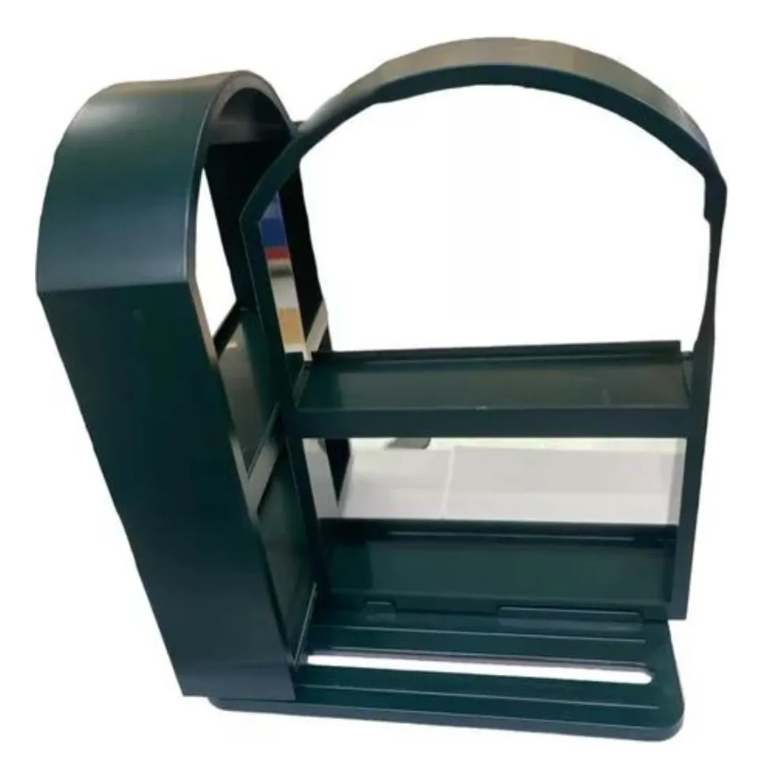 Organizador multifuncional de dos niveles, color verde oscuro, diseño curvo tipo arco, ideal para especias o baño.