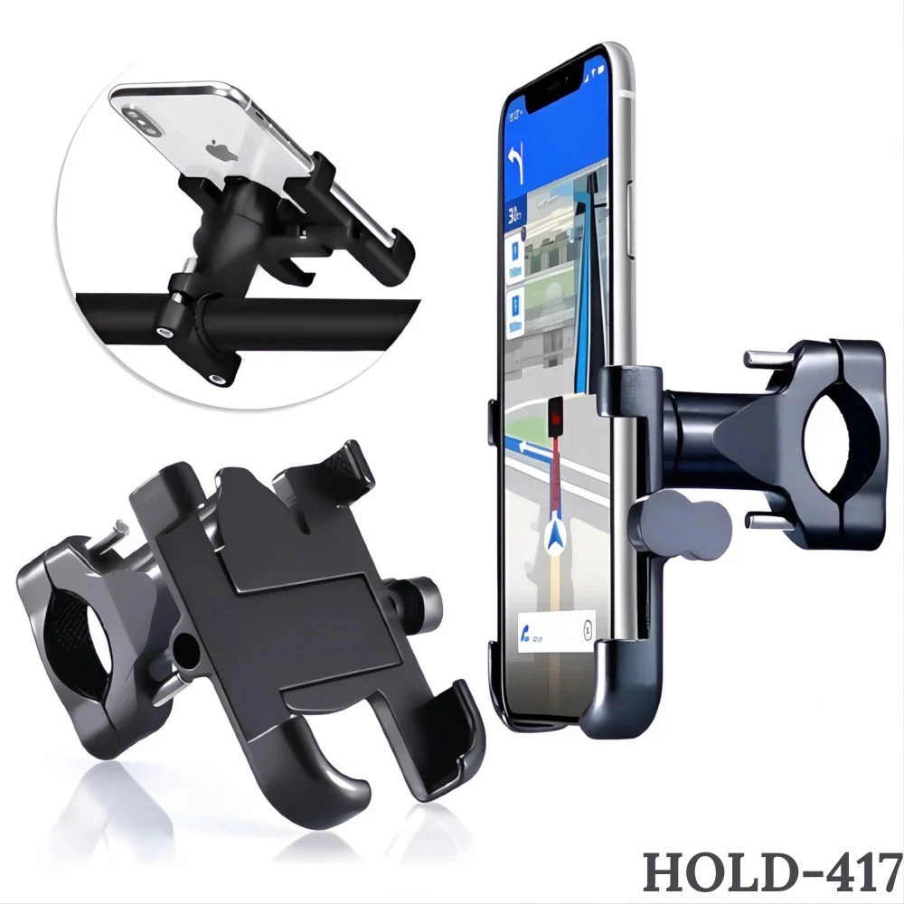 Holder para celular negro, ajustable, para manubrio de motocicleta o bicicleta, ideal para navegación.