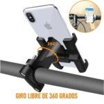 Soporte para celular de bicicleta negro, giratorio 360 grados, con iPhone.