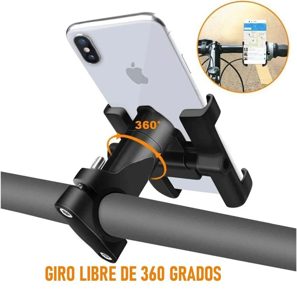 Soporte para celular de bicicleta negro, giratorio 360 grados, con iPhone.