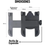 Holder para celular negro y gris con medidas 85mm x 100mm y extensión máxima de 60mm.