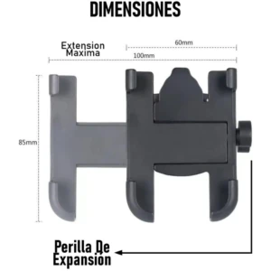 Holder para celular negro y gris con medidas 85mm x 100mm y extensión máxima de 60mm.