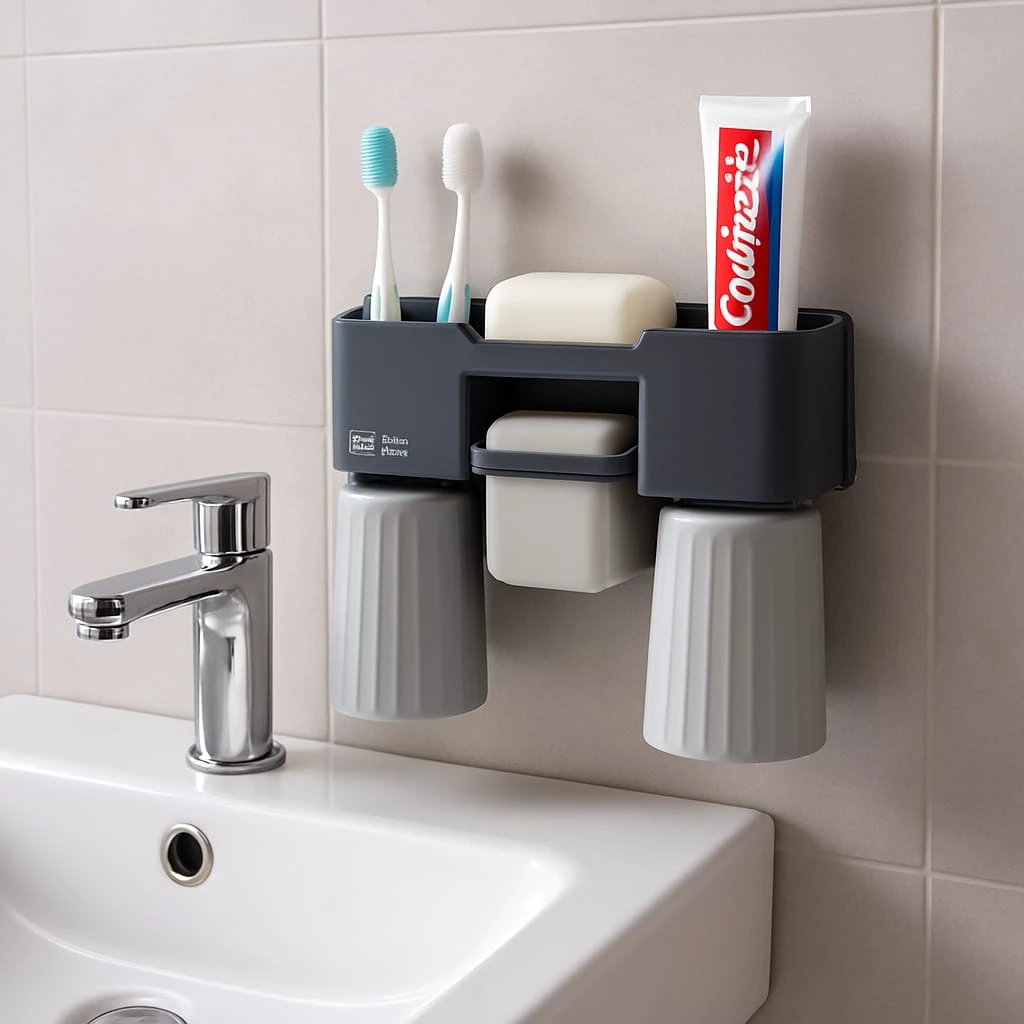 Organizador de baño gris con dos cepillos, jabón, pasta dental y dos vasos, montado en la pared sobre un lavabo.