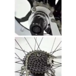 Llave para cadena y piñón de bicicleta mostrando ajuste en plato delantero y cassette trasero de 7 velocidades con disco de freno.
