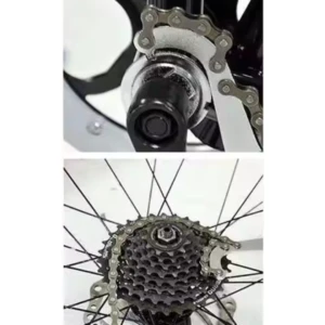 Llave para cadena y piñón de bicicleta mostrando ajuste en plato delantero y cassette trasero de 7 velocidades con disco de freno.