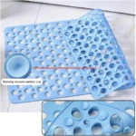 Tapete de ducha azul con múltiples ventosas para un agarre seguro.