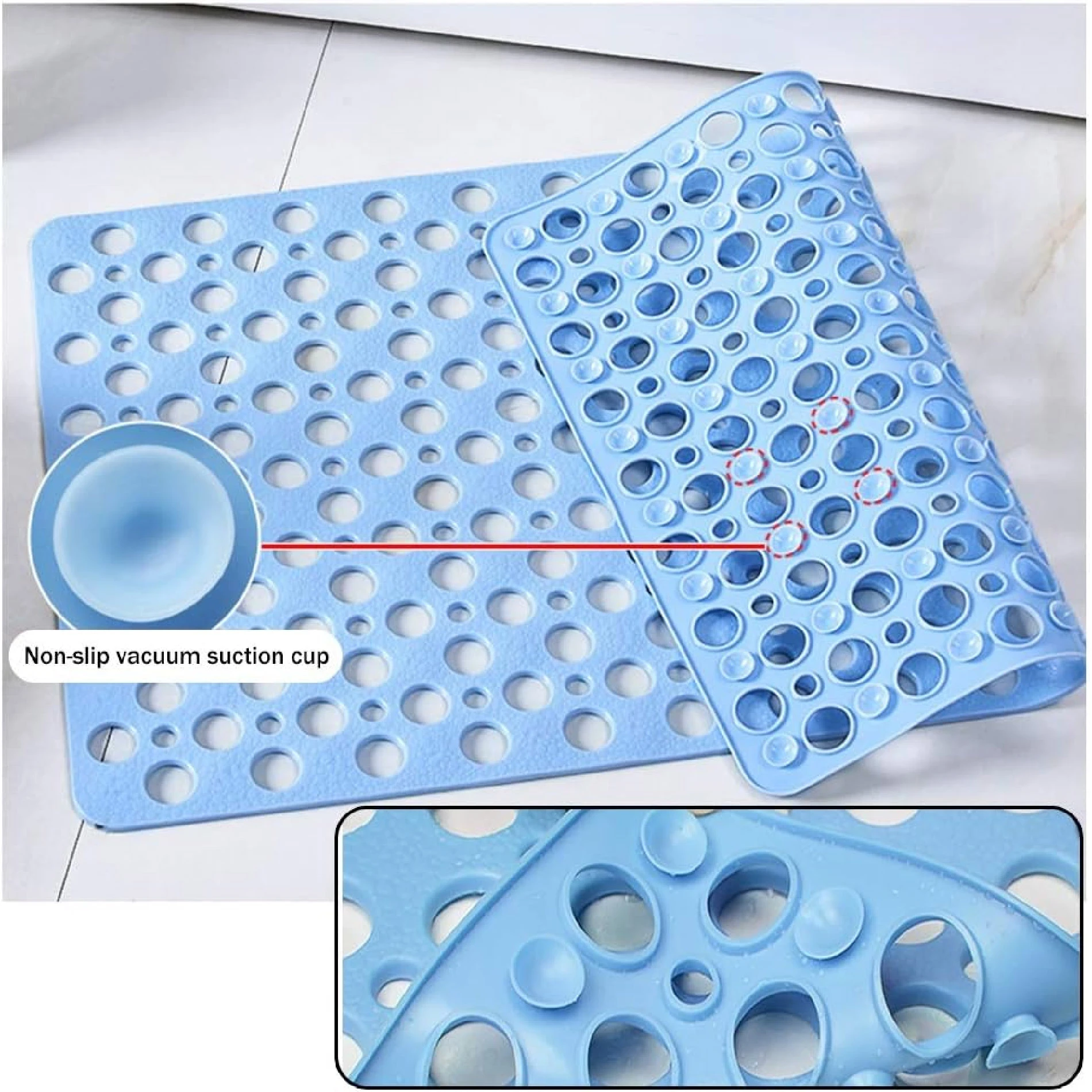 Tapete de ducha azul con múltiples ventosas para un agarre seguro.