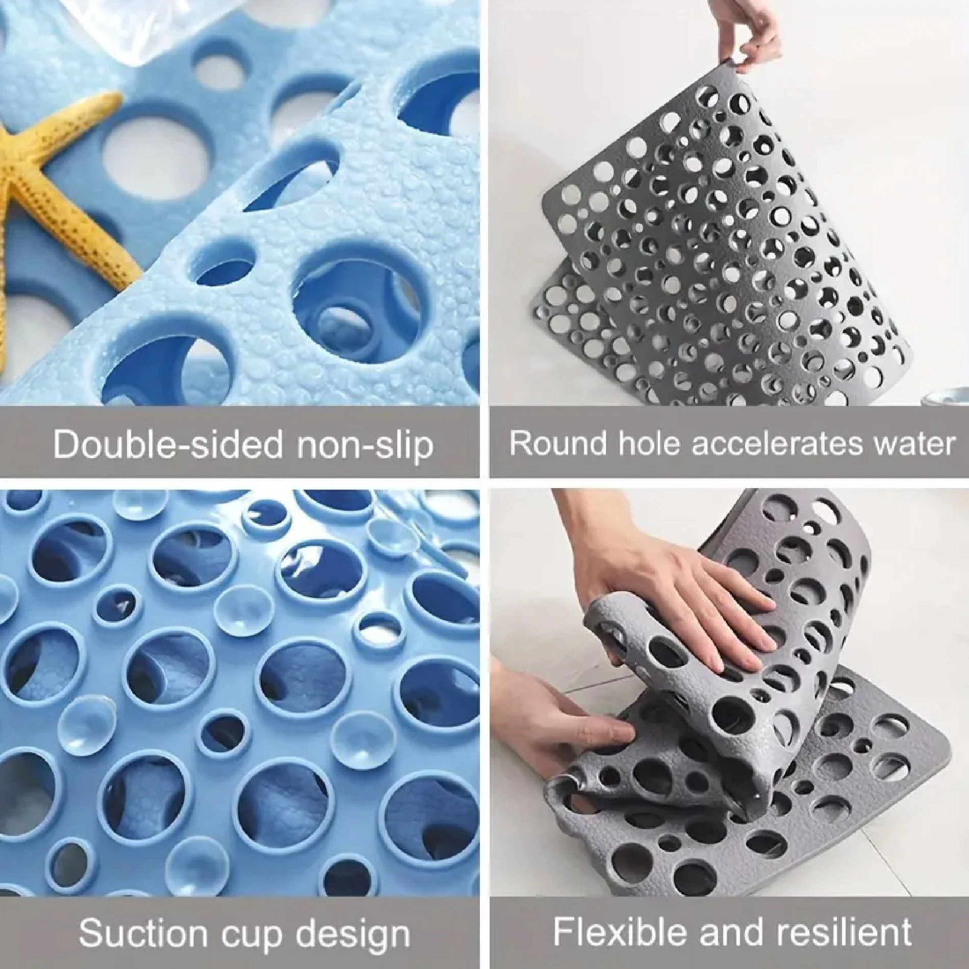 Alfombra de ducha azul y gris con orificios para drenaje, diseño de ventosa y textura antideslizante para seguridad.