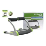 Máquina de abdominales Six Pack Care gris con detalles verde neón, exhibida junto a su manual y CD en caja.
