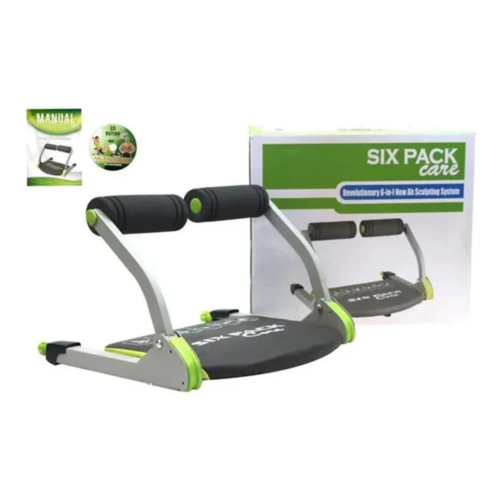 Máquina de abdominales Six Pack Care gris con detalles verde neón, exhibida junto a su manual y CD en caja.
