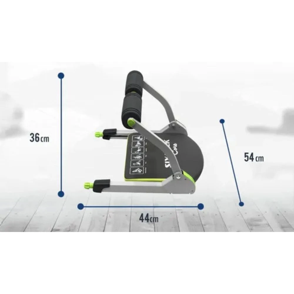 Máquina de abdominales Wonder Core plegada, vista lateral, mostrando dimensiones: 36 cm de alto, 44 cm de ancho y 54 cm de profundidad.