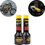 Dos envases de Aditivo Power Shot Simoniz 5 en 1 negro y amarillo, junto a recortes de una moto y un carro deportivos negros con detalles amarillos.