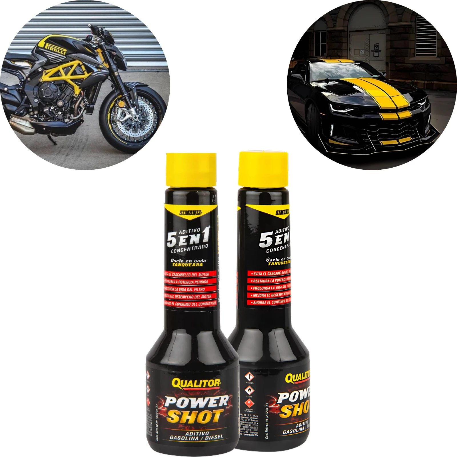 Dos envases de Aditivo Power Shot Simoniz 5 en 1 negro y amarillo, junto a recortes de una moto y un carro deportivos negros con detalles amarillos.