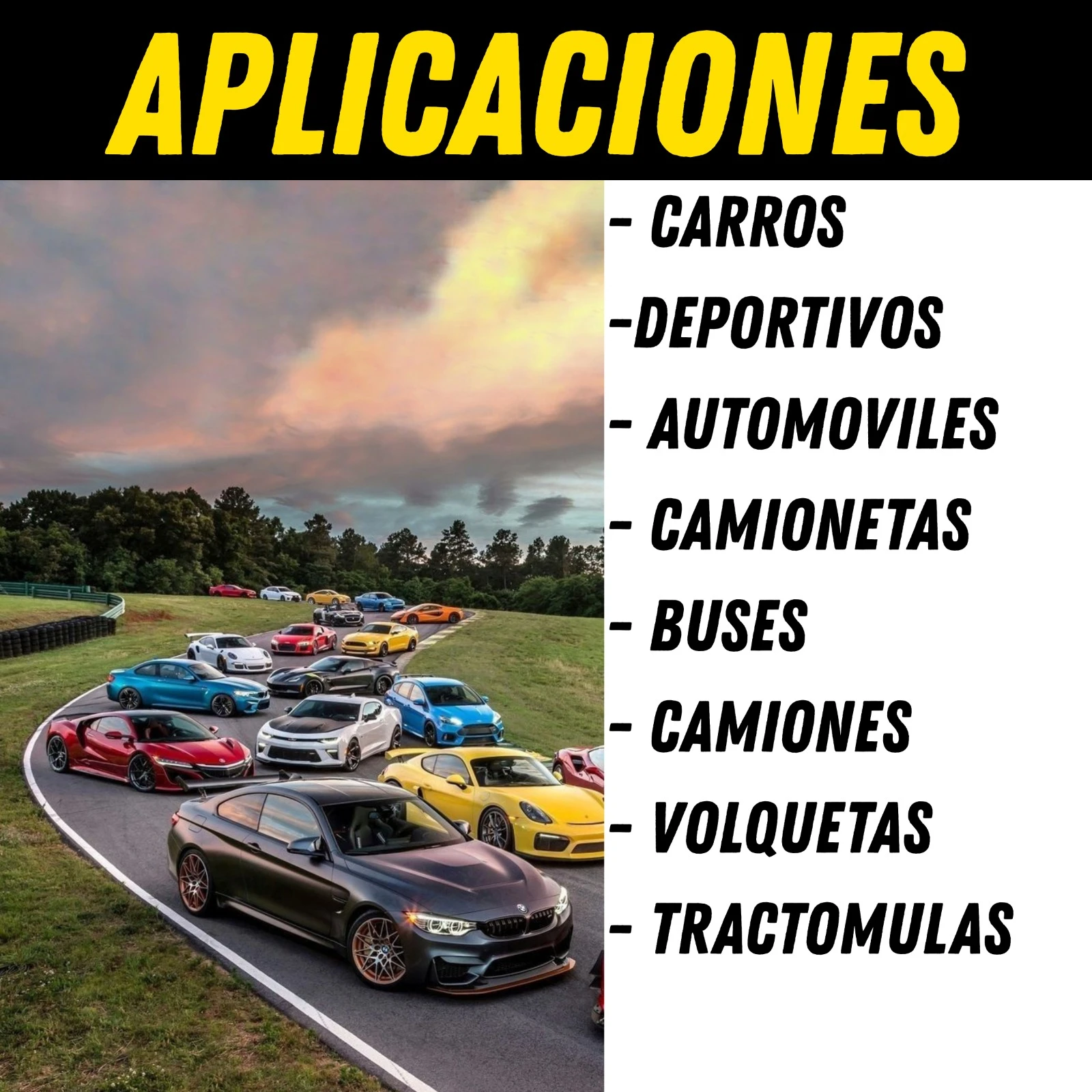 Concentración de vehículos deportivos y autos en pista de carreras, resaltando el uso del aditivo para diversos tipos de automotores.